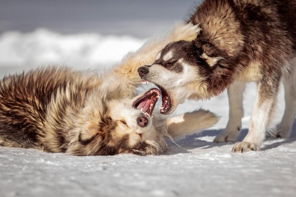 Two Siberian Huskies playing energetically in snowy outdoor terrain.